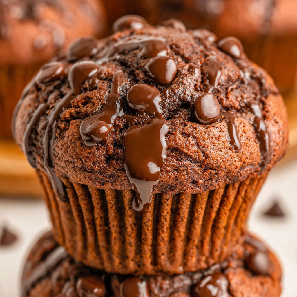 Chocolate muffins with chocolate drizzle.