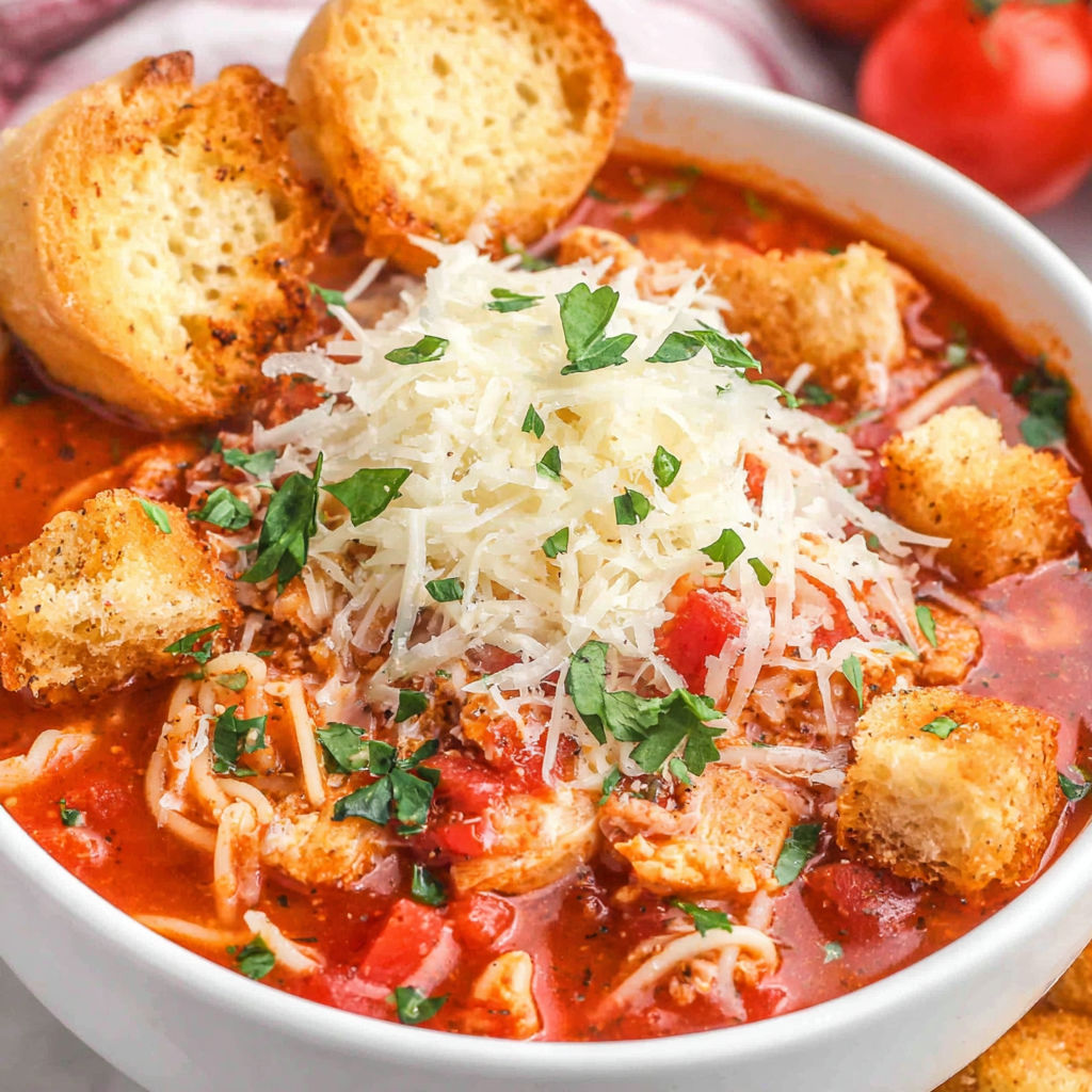 A bowl of chicken Parmesan soup with bread.