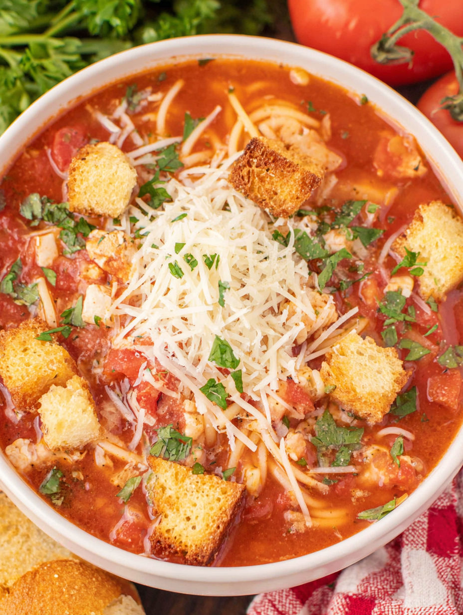 A bowl of chicken parmesan soup with bread and cheese on top.