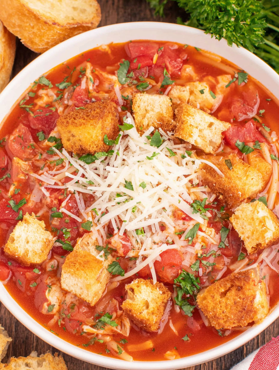 A bowl of soup with bread and cheese on top.