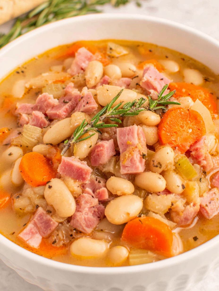 A bowl of soup with ham and beans.
