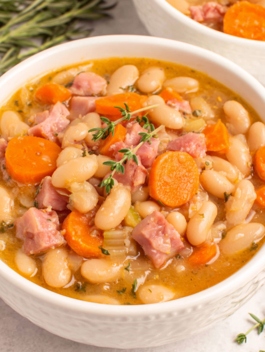A bowl of soup with ham and beans.