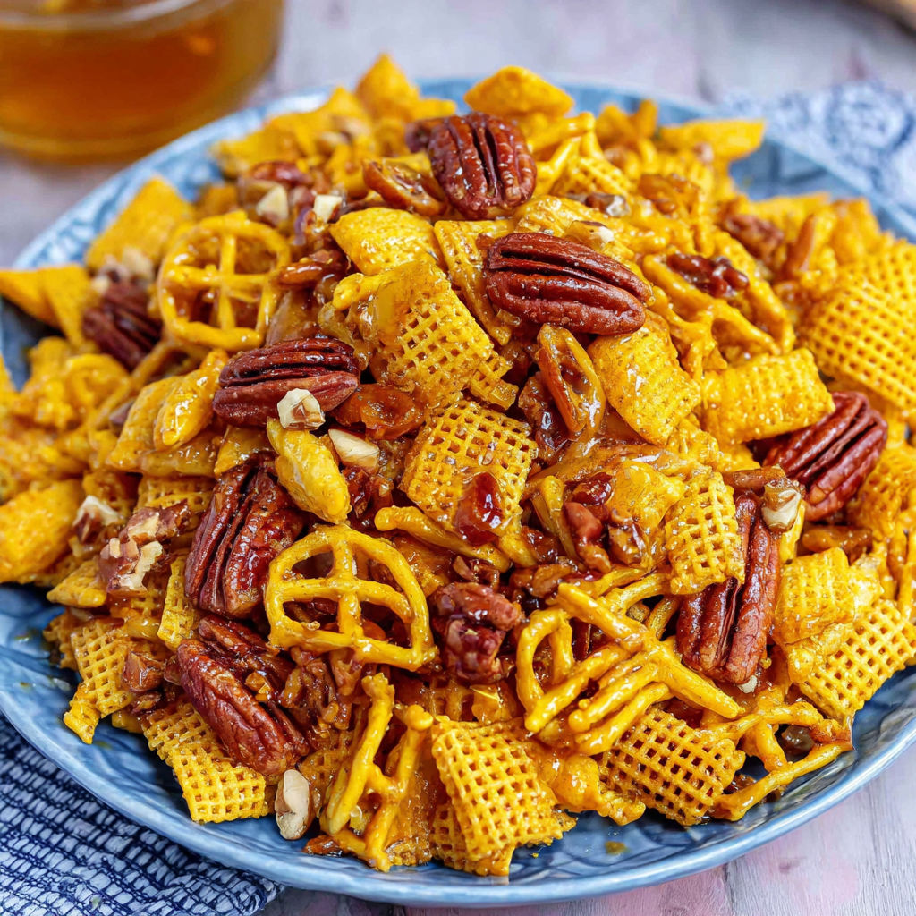 A plate of Sweet Bugle Party Mix.