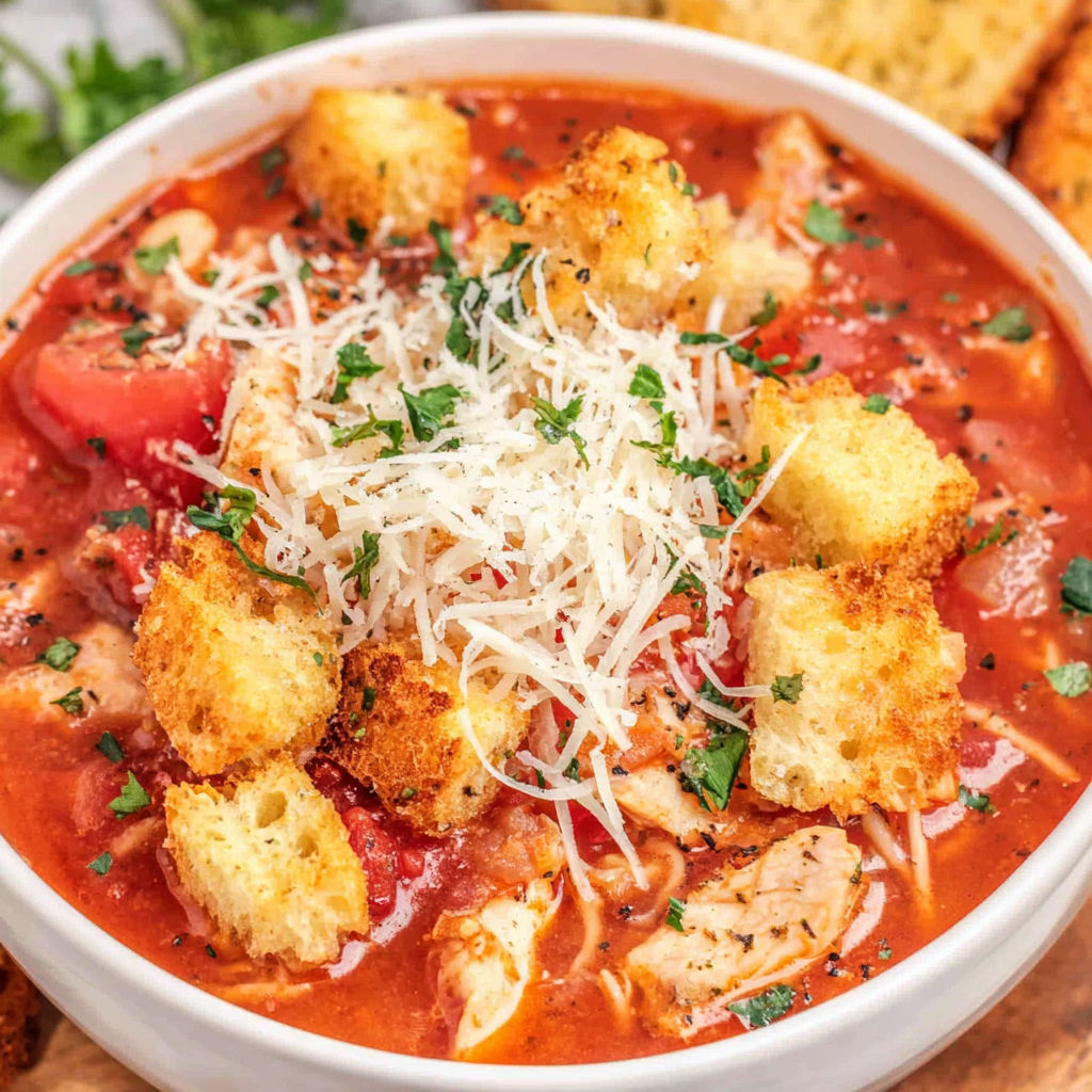 A bowl of chicken parmesan soup with bread and cheese on top.