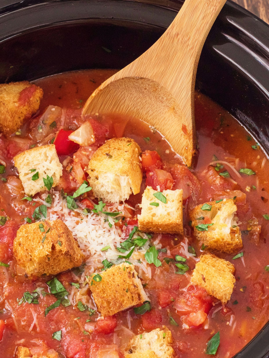 A wooden spoon in a crock pot of chicken parmesan soup.