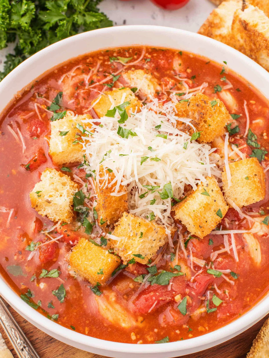 A bowl of chicken parmesan soup with bread croutons on top.