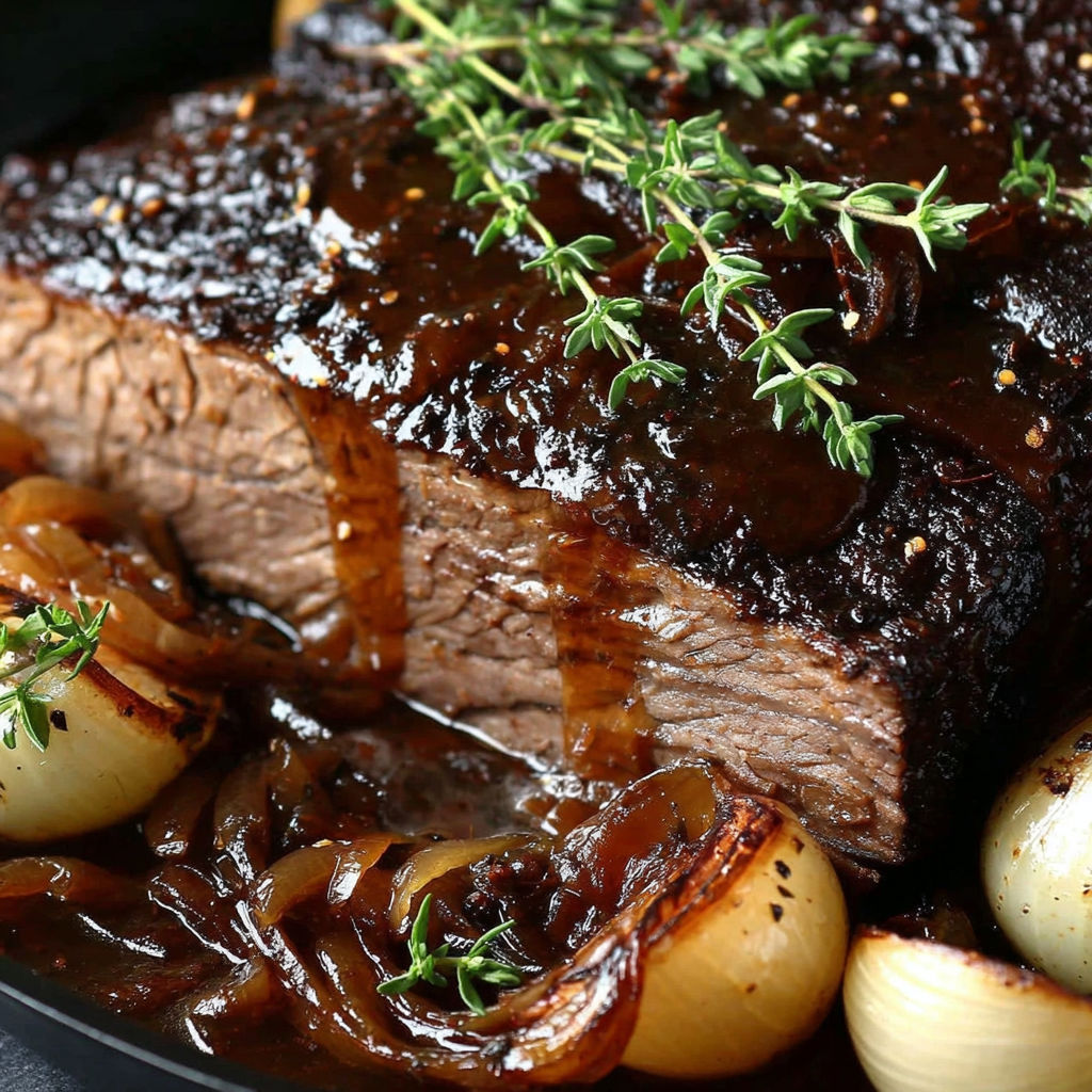 A close up of a steak with onions and herbs.