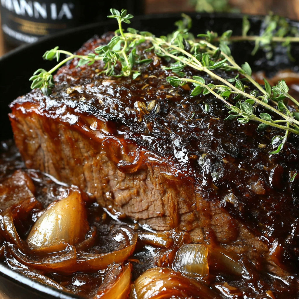 A piece of meat with onions and herbs on top.
