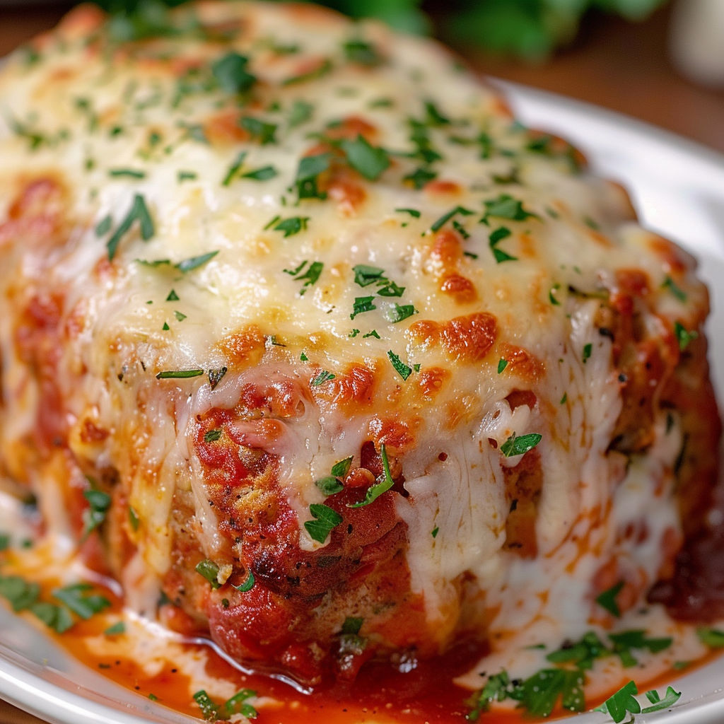 A close up of a savory chicken Parmesan meatloaf.