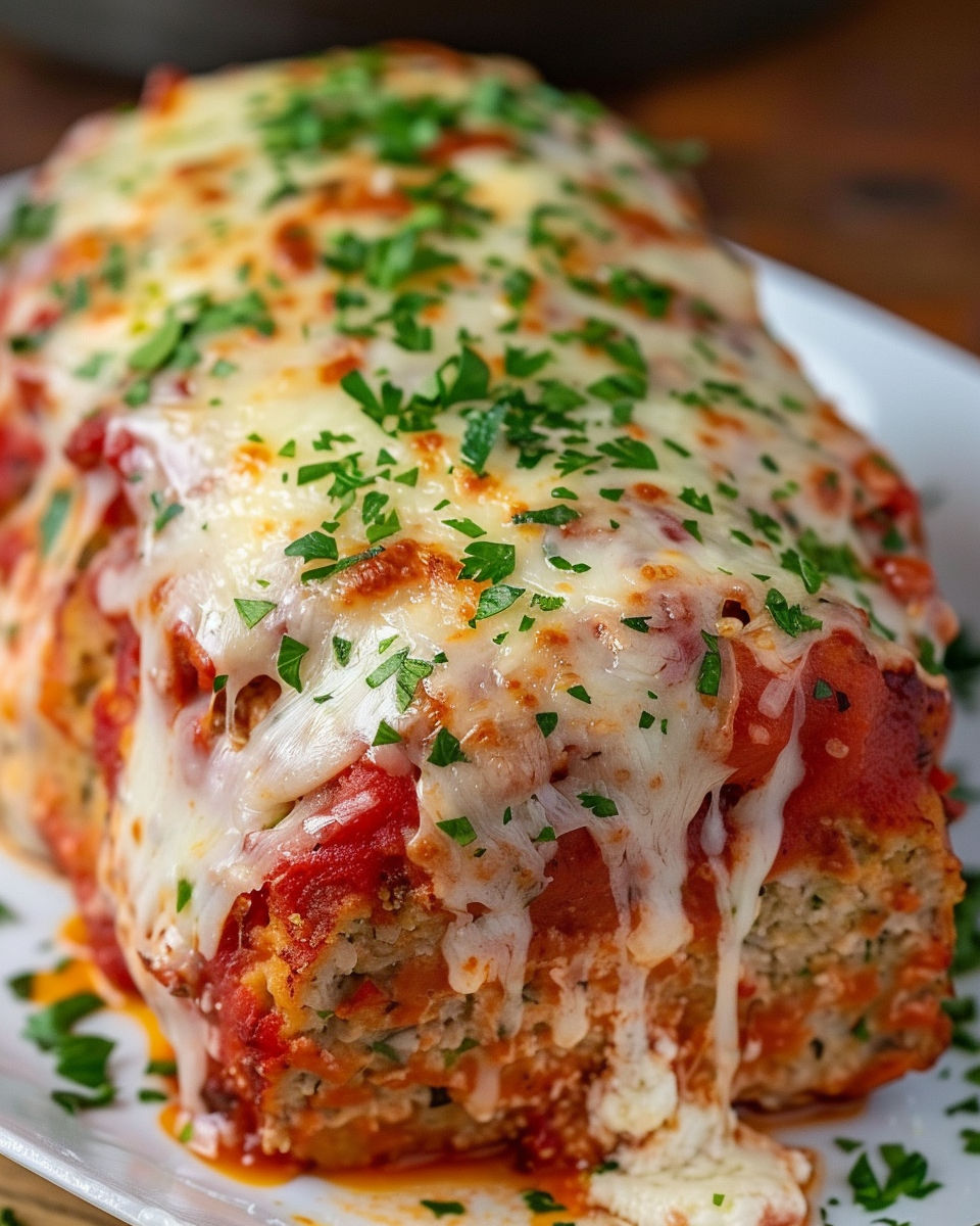A close up of a savory chicken parmesan meatloaf.