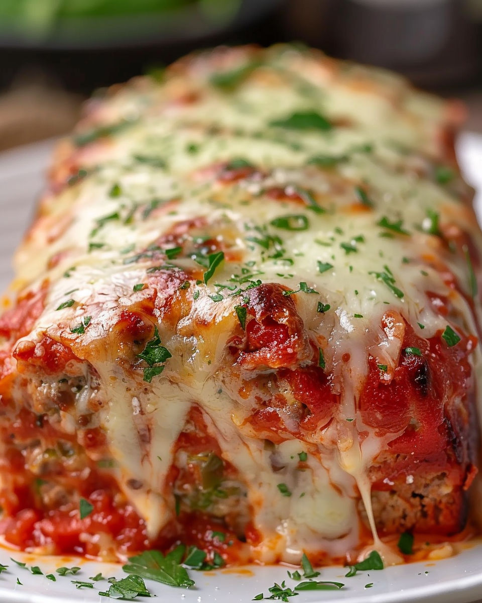 A close up of a savory chicken parmesan meatloaf.