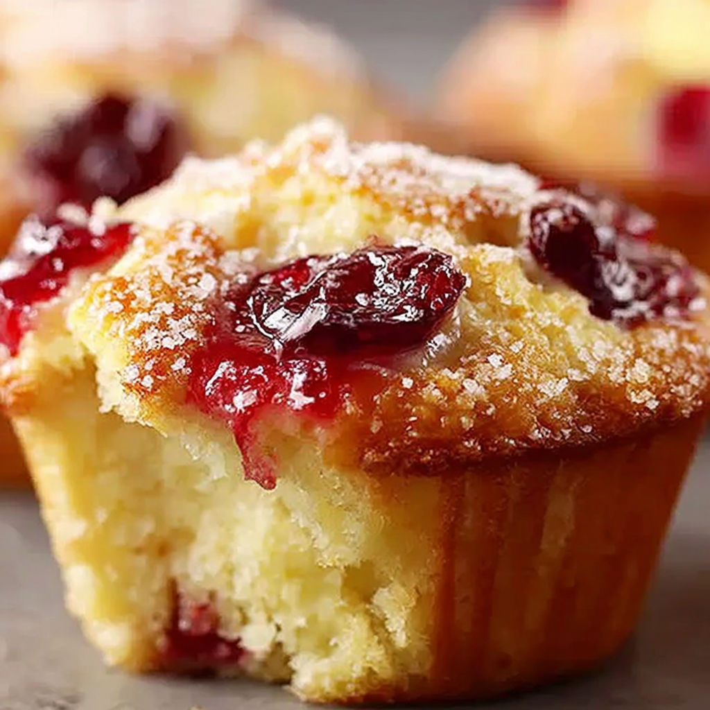A muffin with cranberry sauce on top.