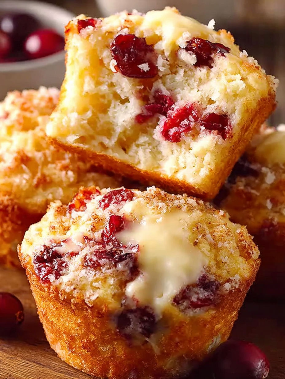 Three muffins with cranberry sauce and eggnog.