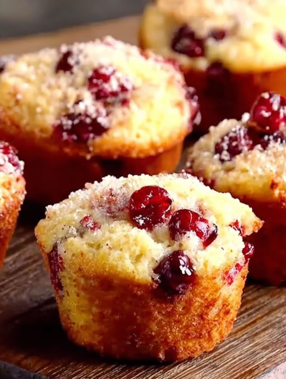 A muffin with cranberries and a white topping.