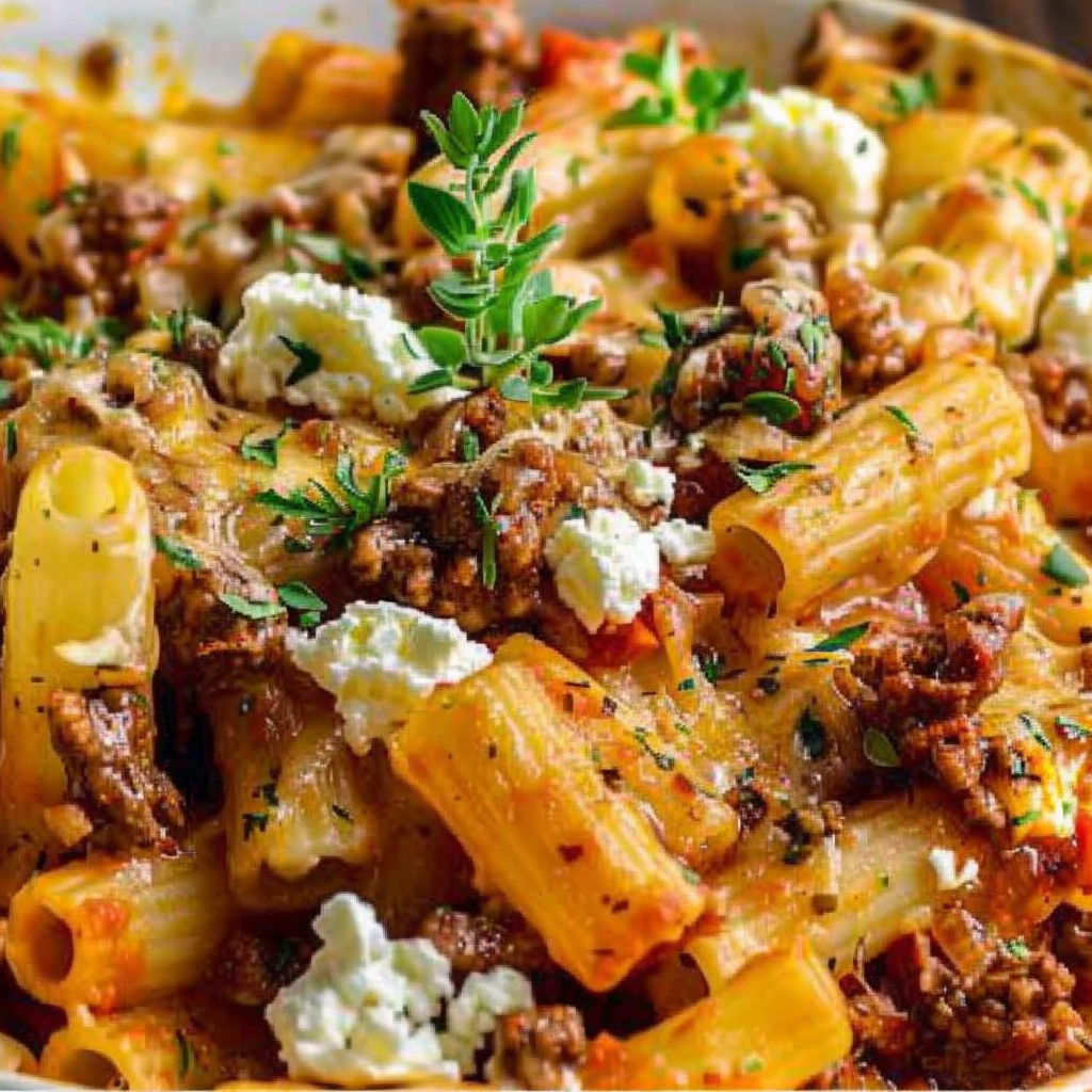 A bowl of pasta with meat and cheese.