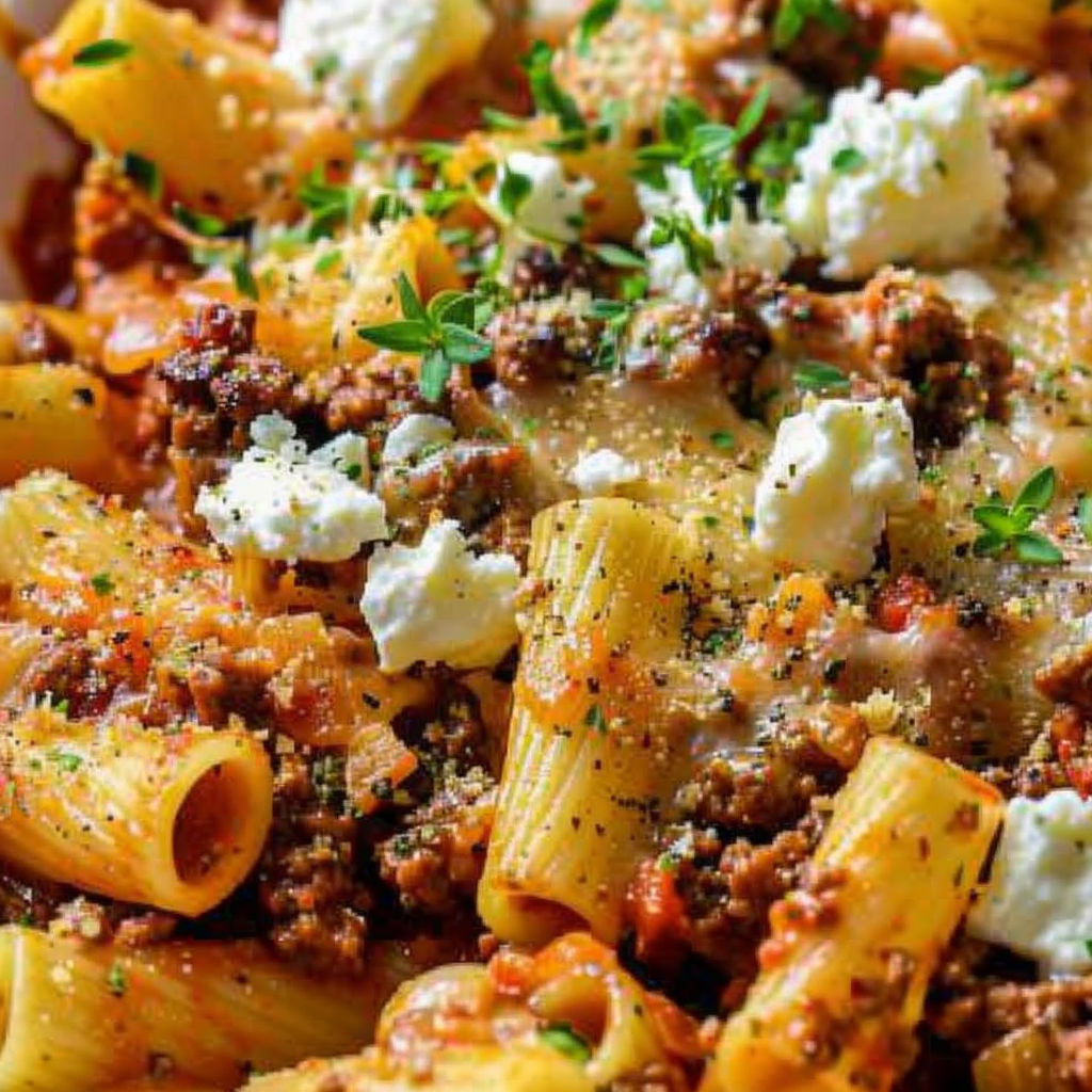A plate of pasta with cheese and meat on top.