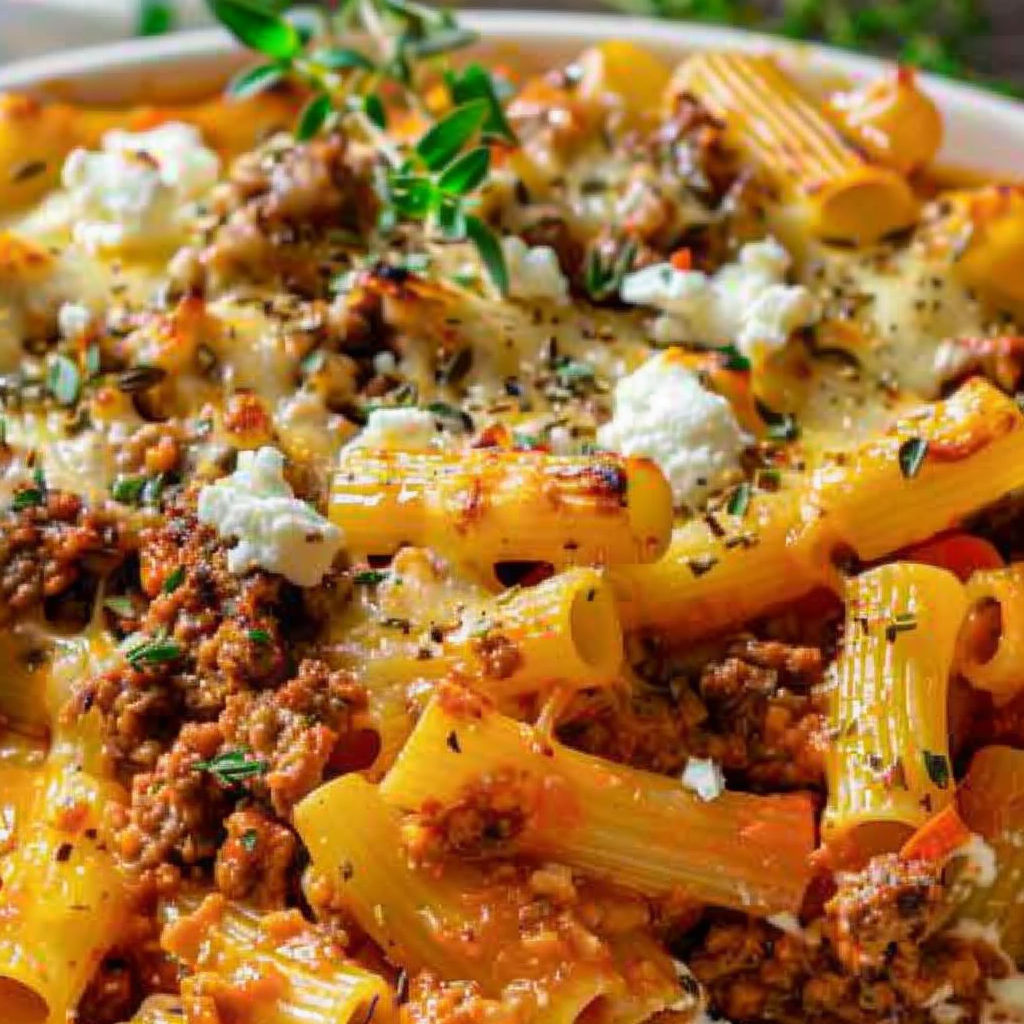 A bowl of pasta with meat and cheese.