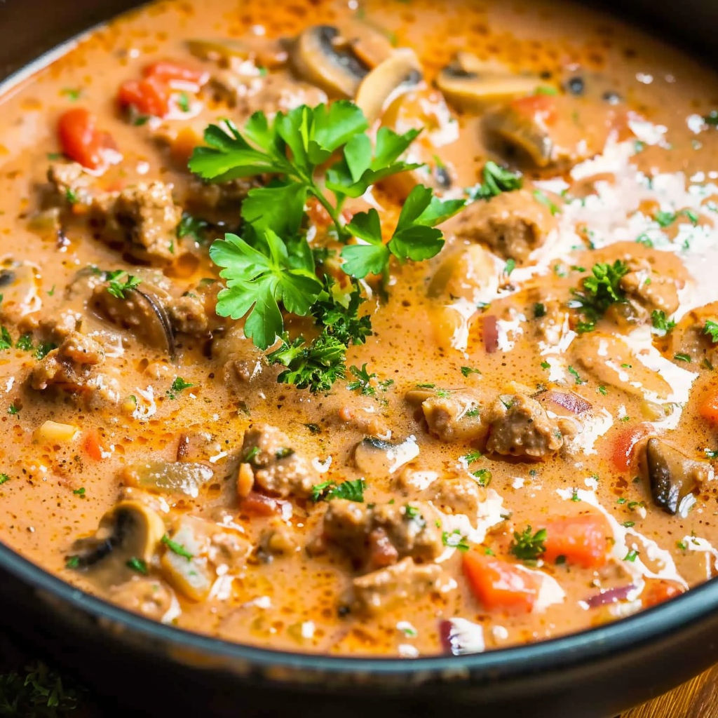A bowl of soup with meat and vegetables.