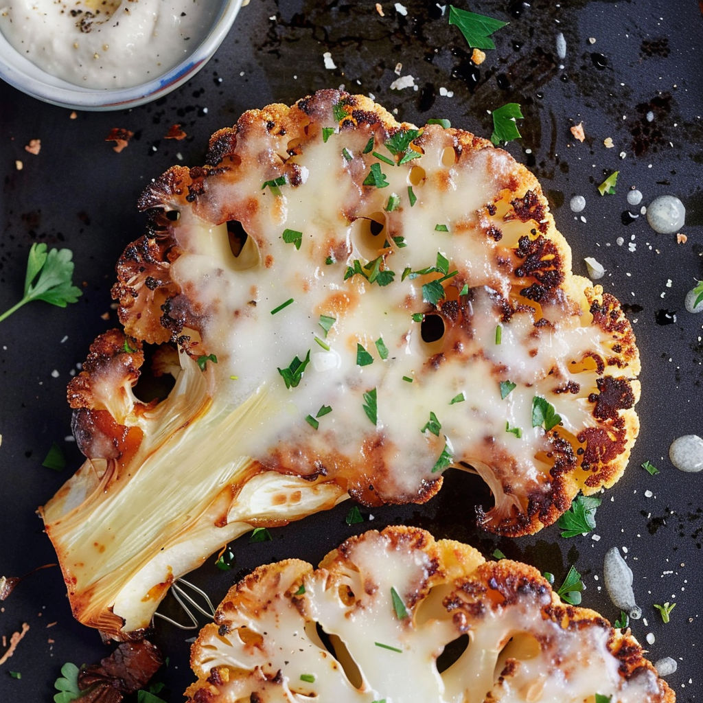 A piece of marinated cauliflower with cheese on top.