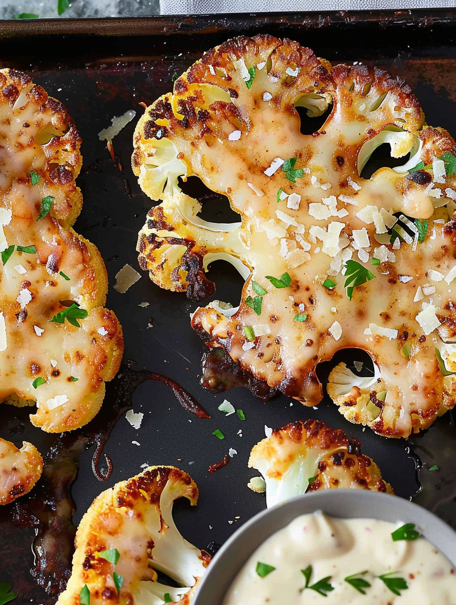 A piece of marinated cauliflower with cheese on top.