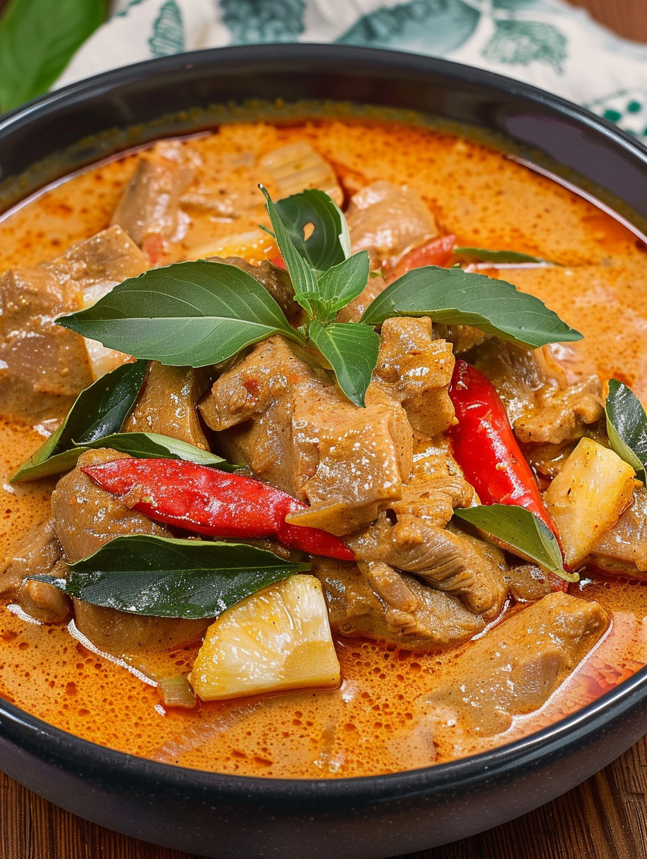 A bowl of red curry with meat and coconut milk.