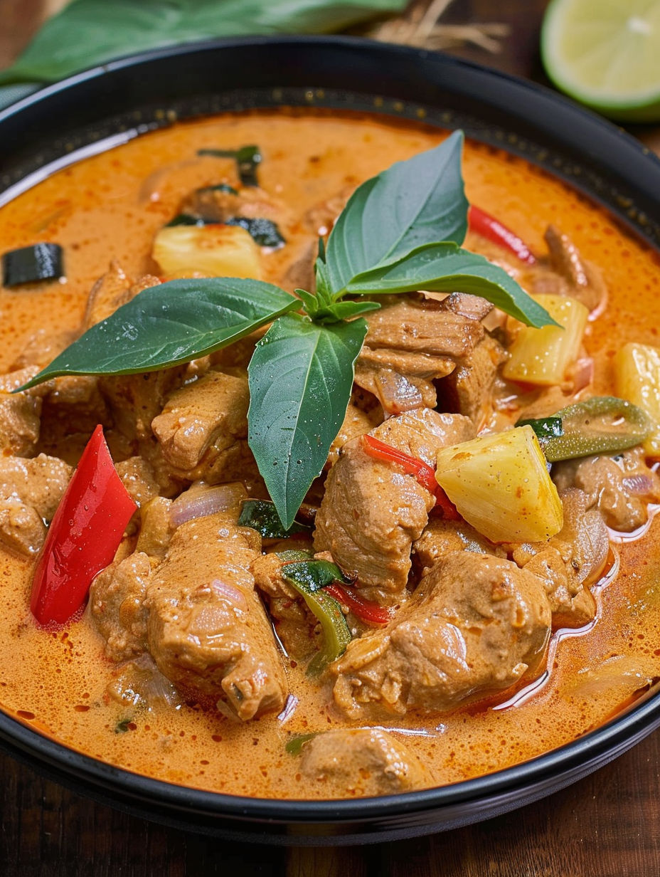 A bowl of red curry with meat and coconut milk.
