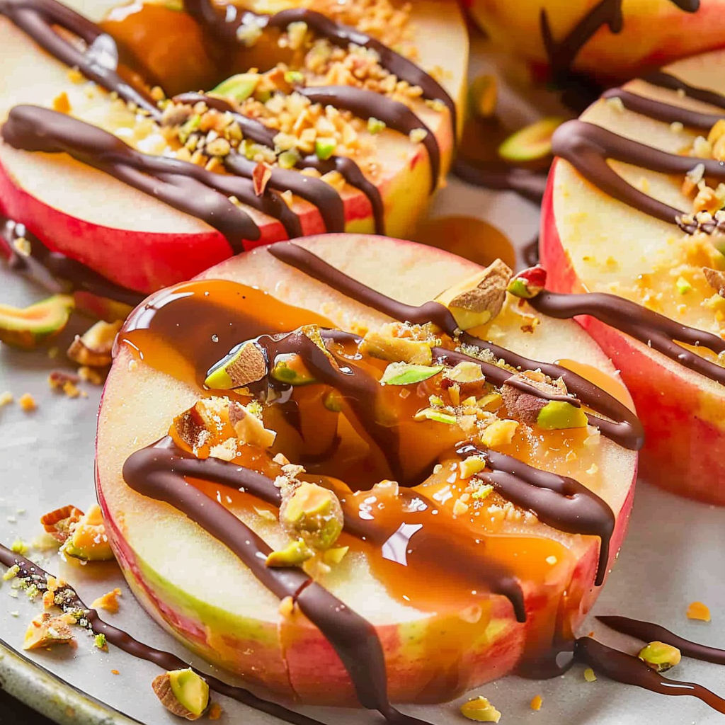 Caramel apple slices with chocolate drizzle.