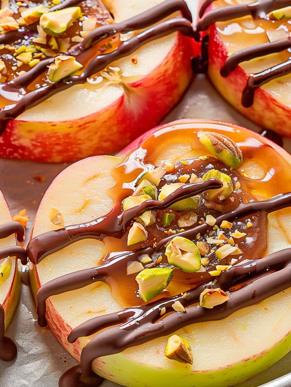 A close up of a caramel apple slice.