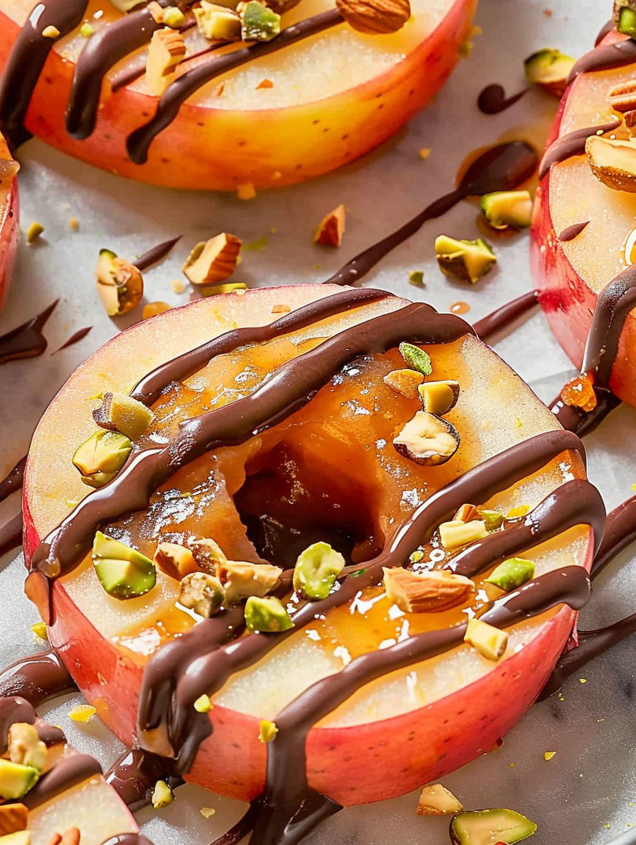 Caramel apple slices with chocolate drizzle.