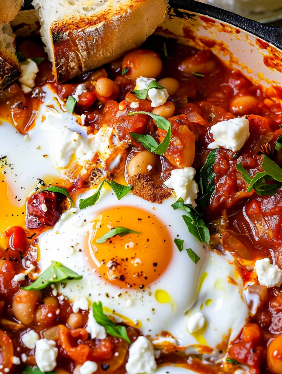 A dish of shakshuka with a fried egg on top.