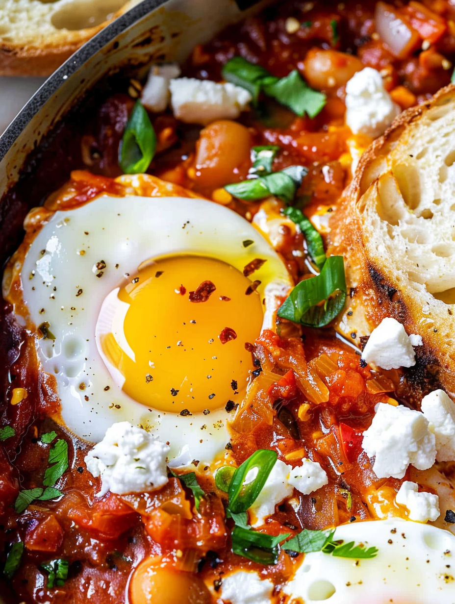 A dish of shakshuka with a fried egg on top.