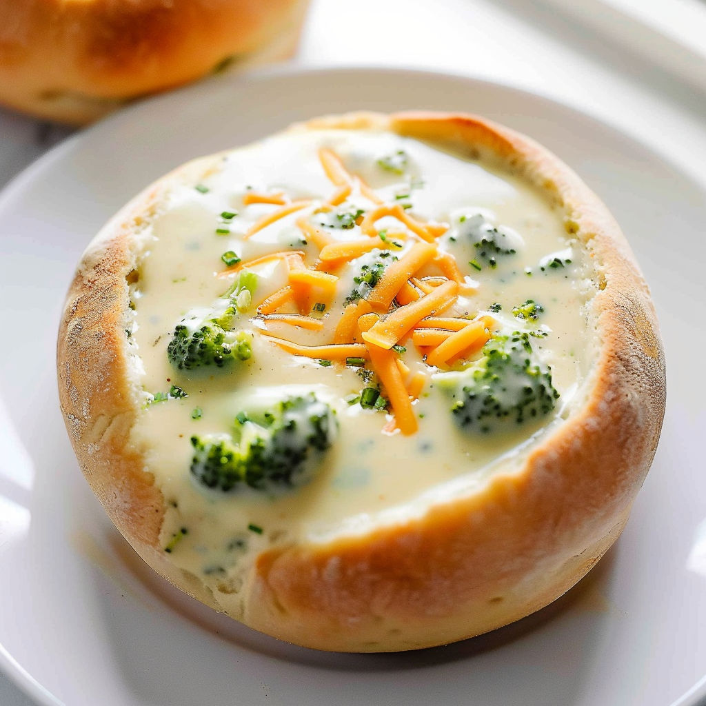 A bowl of soup with broccoli and cheese.