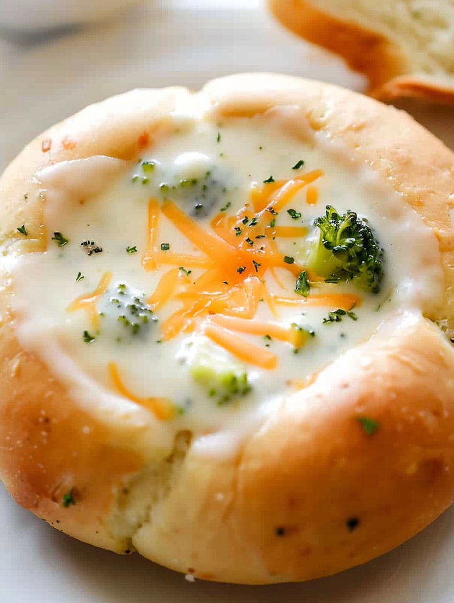 A close up of a cheesy broccoli soup.