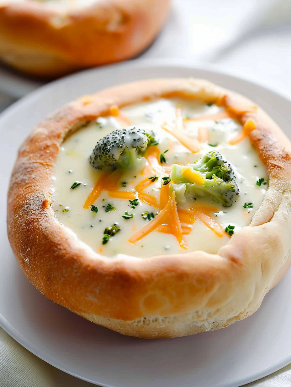 A bowl of soup with broccoli and cheese.