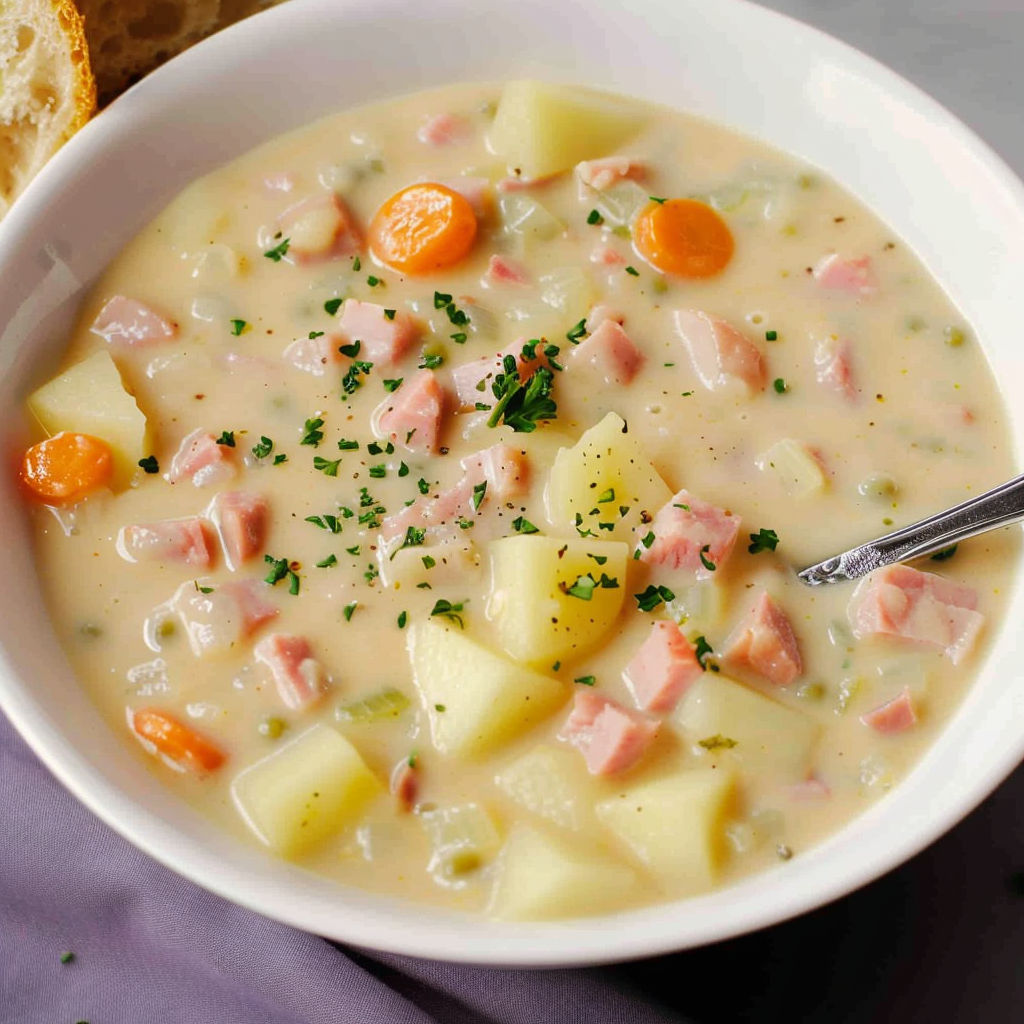 A bowl of soup with ham and potatoes.