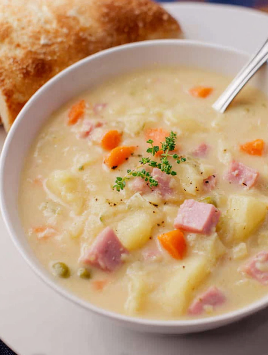 A bowl of soup with ham and potatoes.
