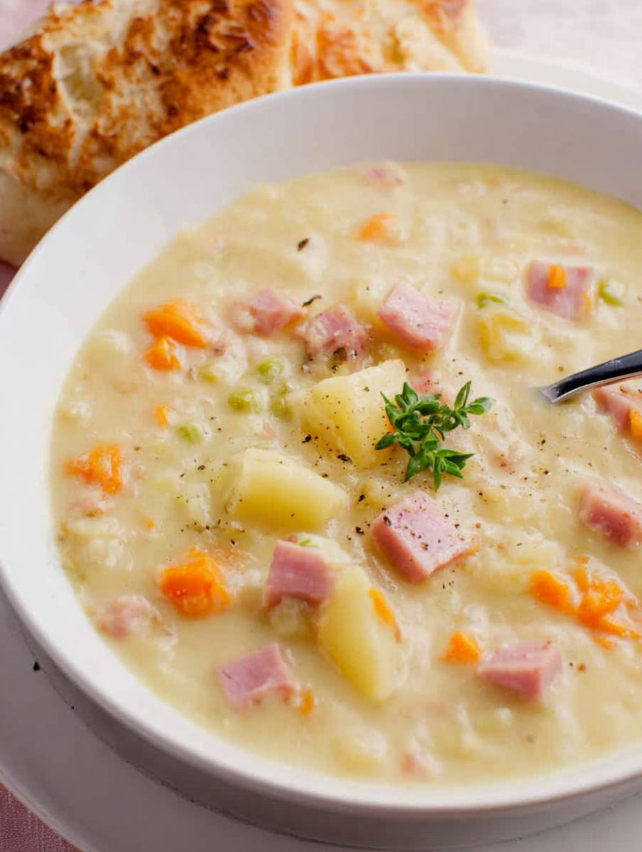 A bowl of ham and potato soup.