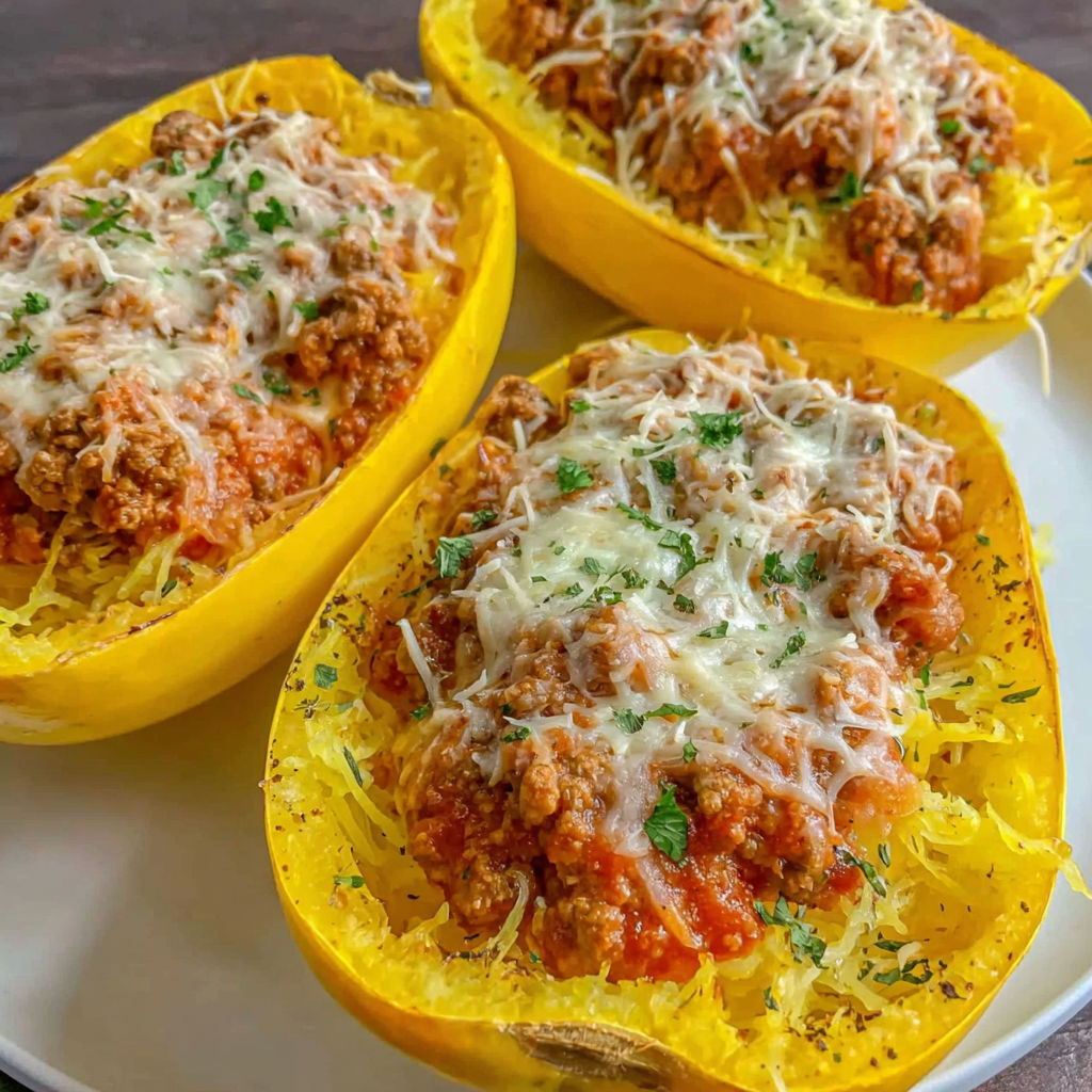 Two baked spaghetti squash with meat sauce.