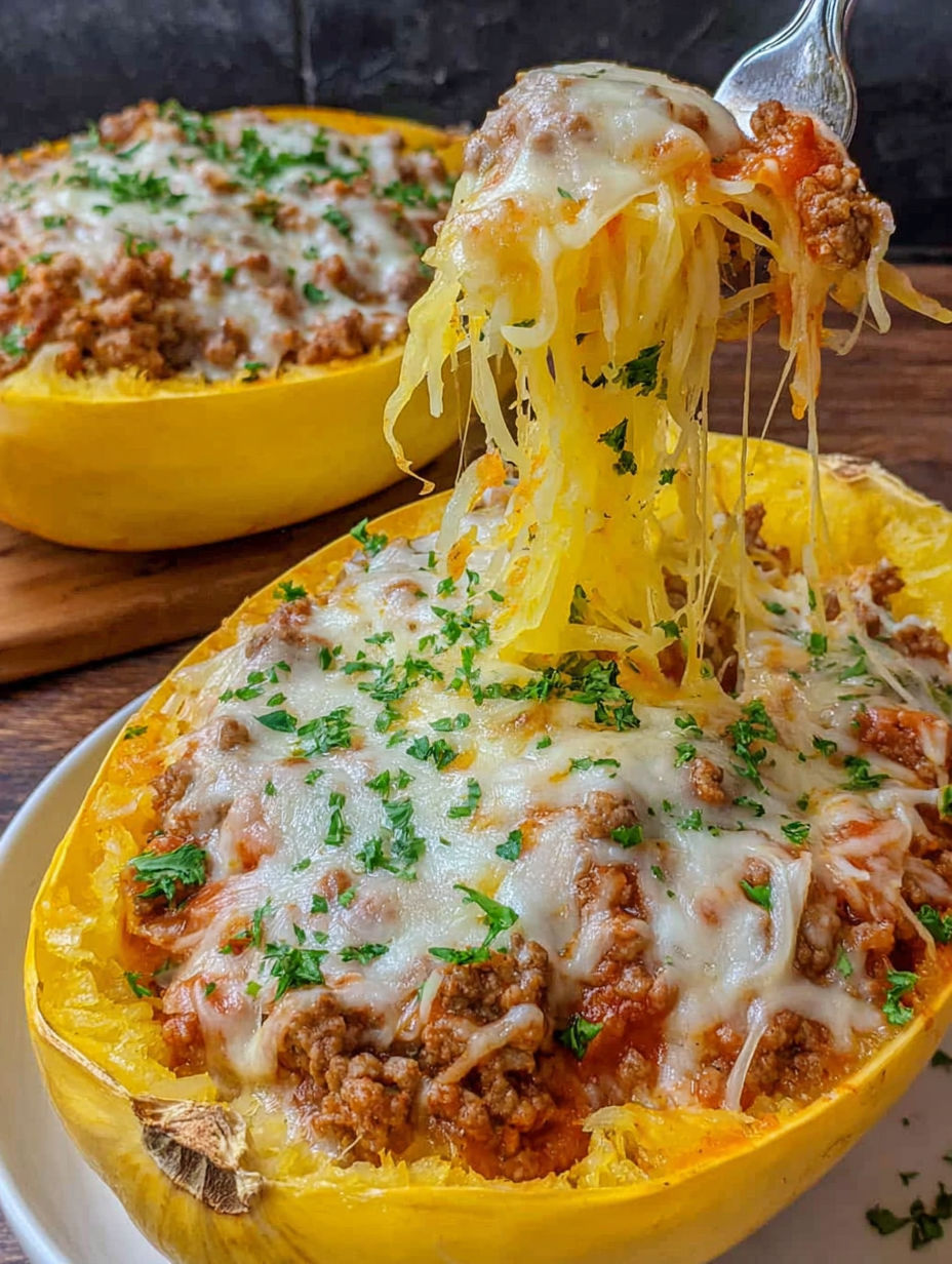 A close up of a baked spaghetti squash with cheese and meat sauce.