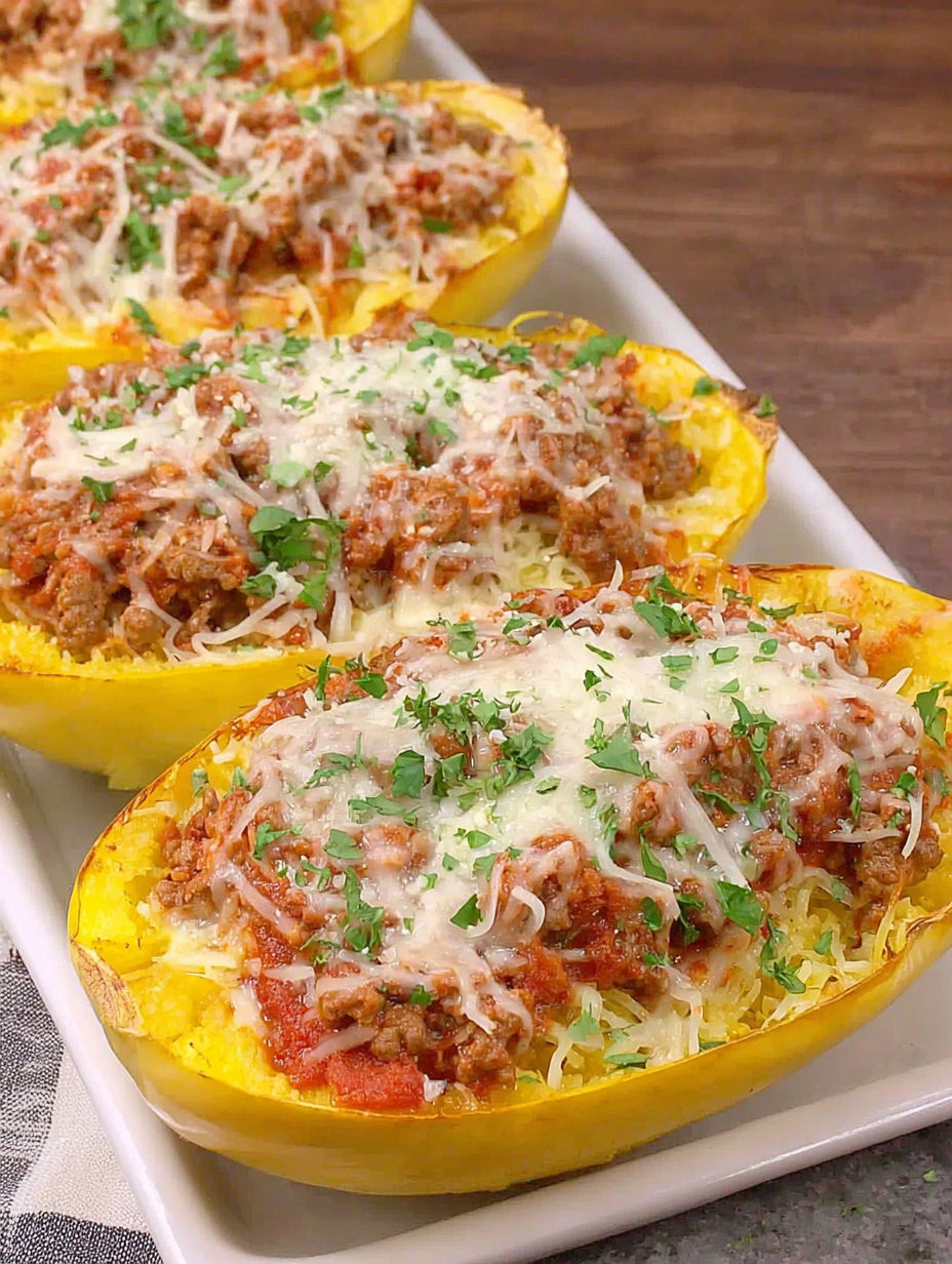 A plate of baked spaghetti squash with meat sauce.