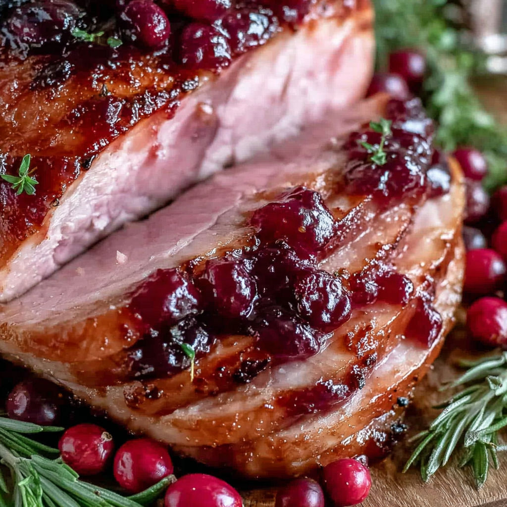 A glazed ham with cranberries and pine needles.