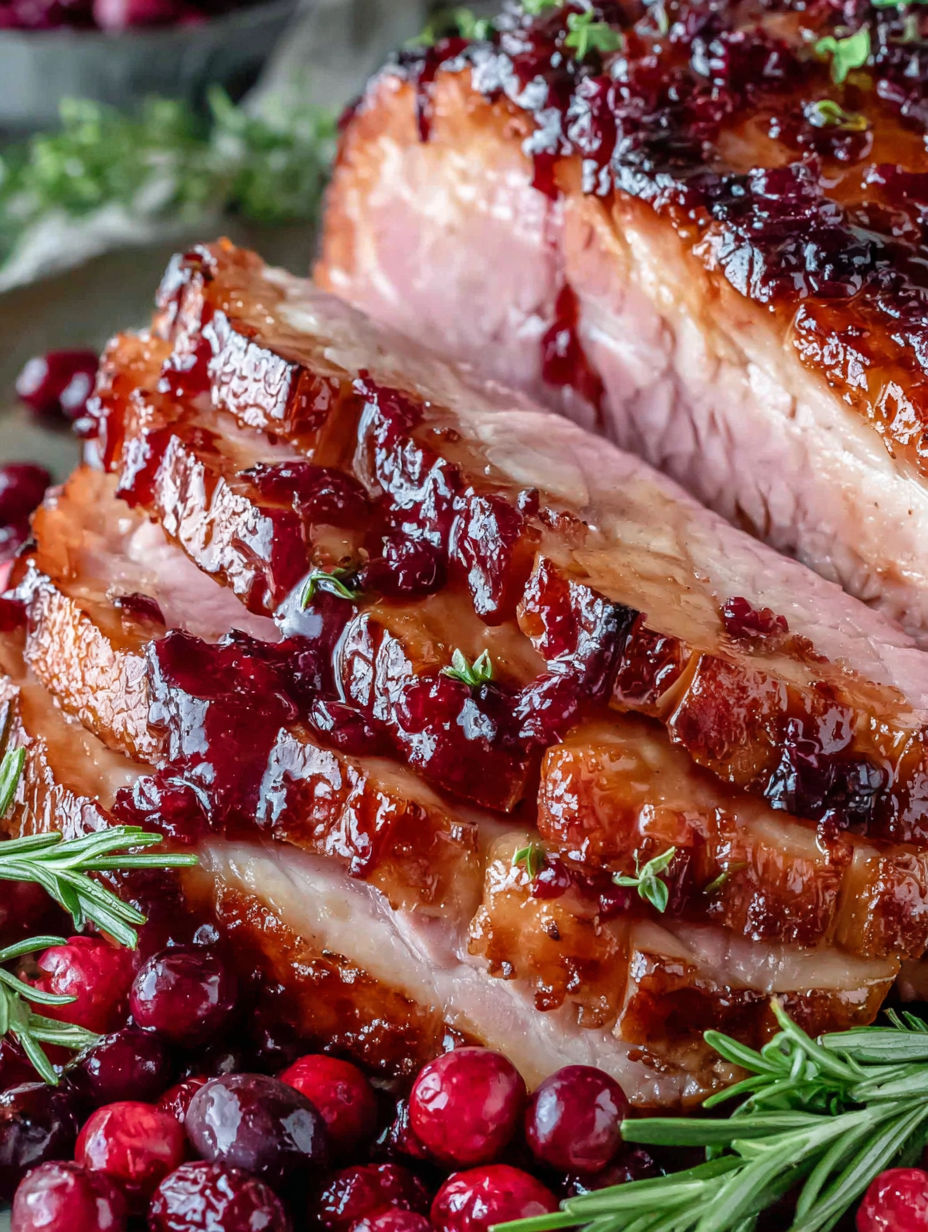 A glazed ham with cranberries and herbs.