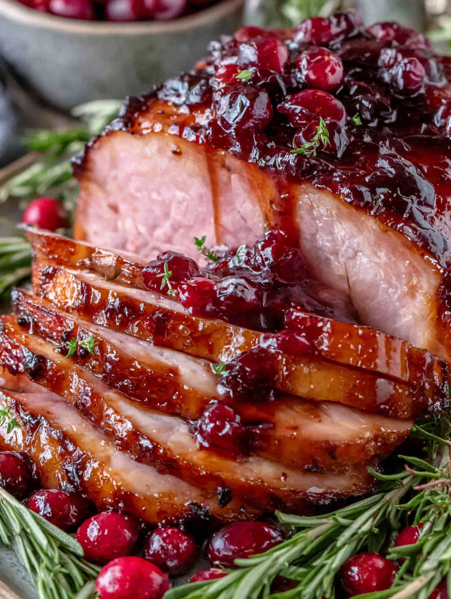 A ham with a cranberry dijon glaze.