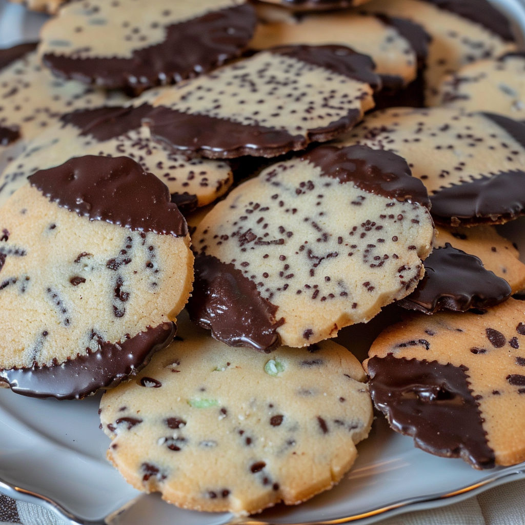 A plate of chocolate and vanilla cookies.