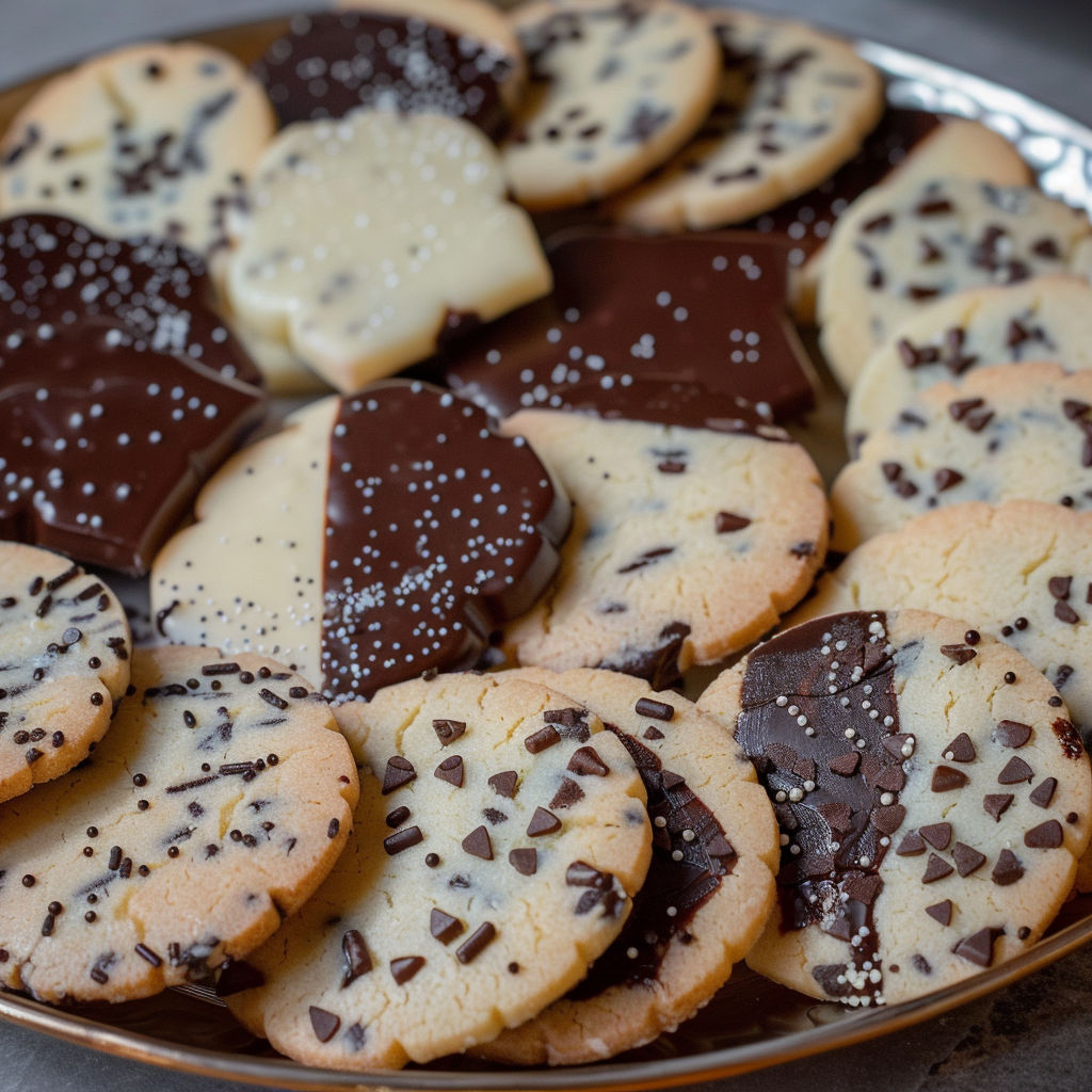 A plate of chocolate and vanilla cookies.