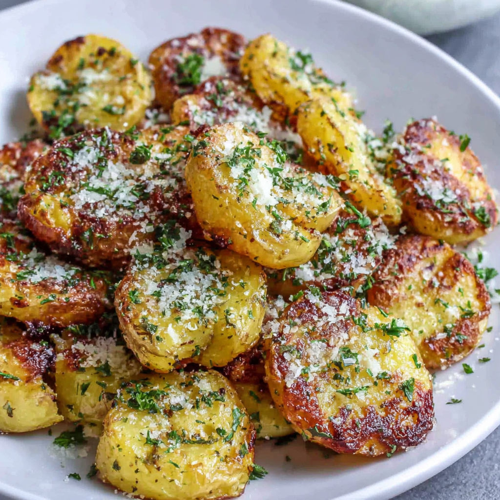 A plate of Parmesan smashed potatoes.