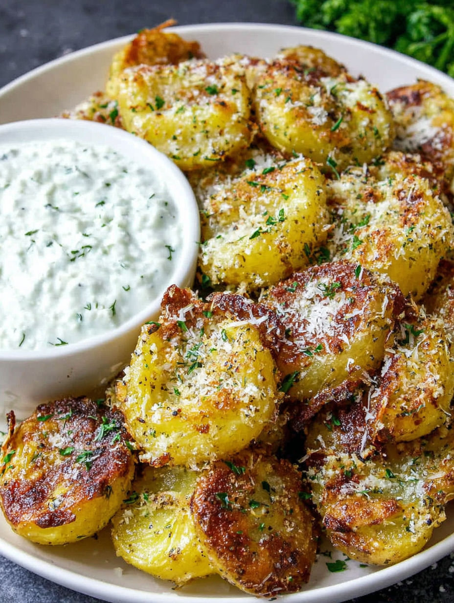 A bowl of Parmesan smashed potatoes.