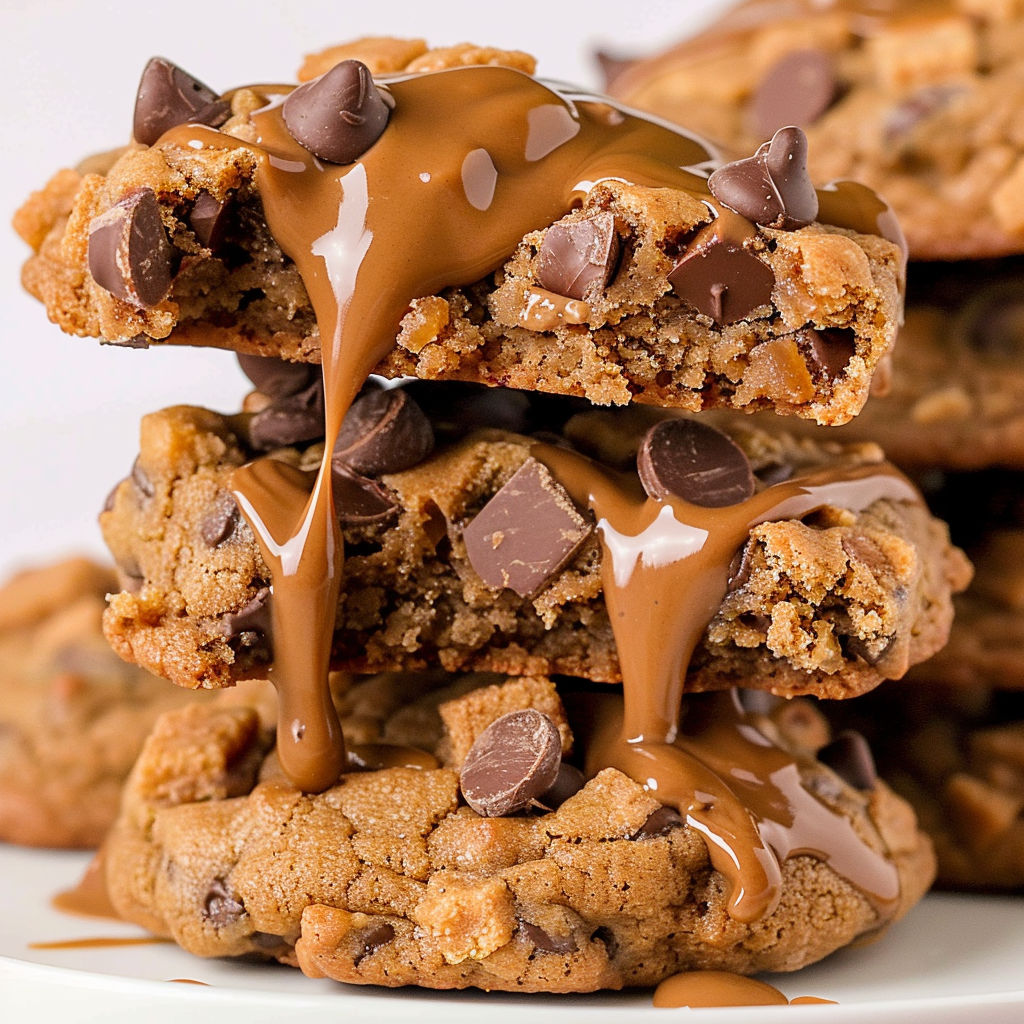 Chocolate chip biscoff cookies with caramel drizzle.