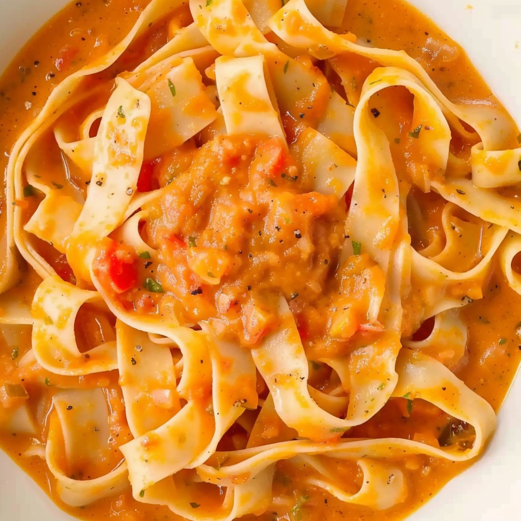 A bowl of pasta with a tomato sauce.