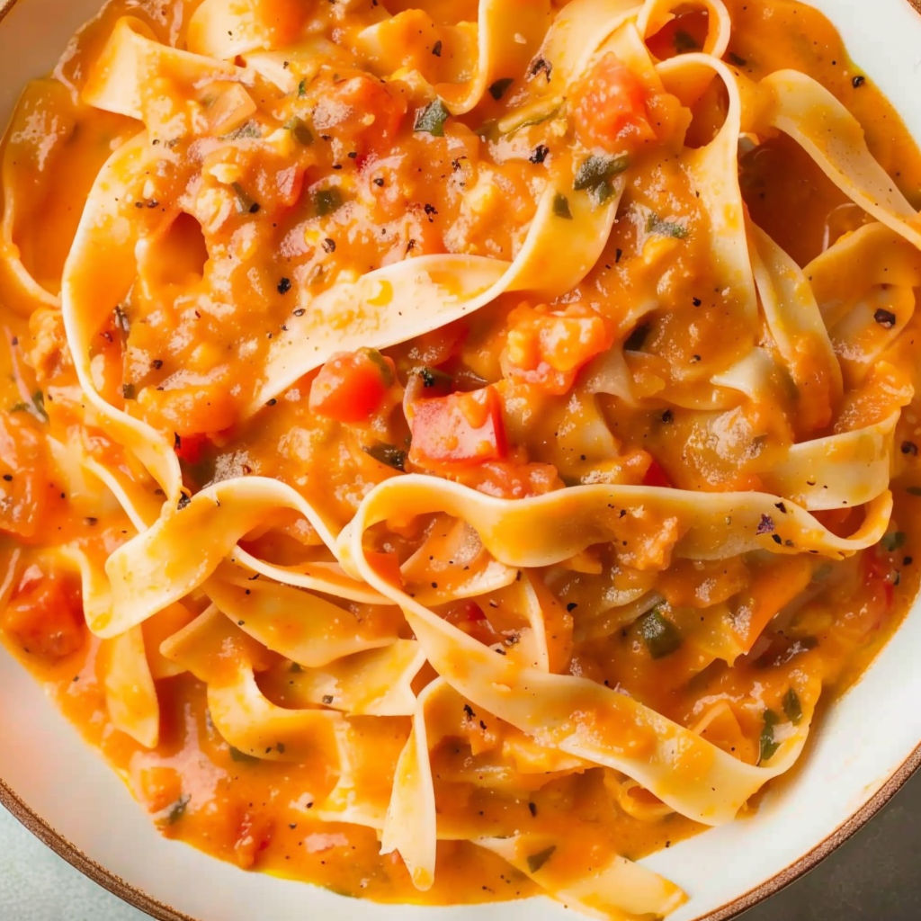A bowl of pasta with a creamy sauce.